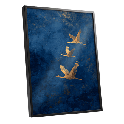 Gilded Flight, blue, gold, orange nature wall art shown as a black framed poster wall art print