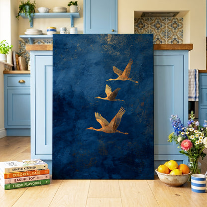 Gilded Flight, blue, gold, orange nature wall art on canvas displayed in a styled interior, gallery view 1