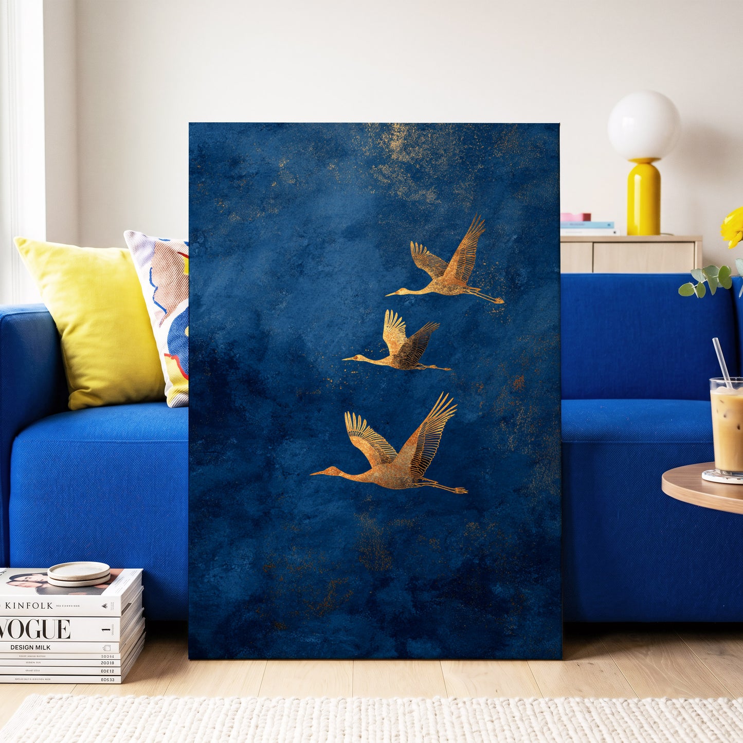 Gilded Flight, blue, gold, orange nature wall art on canvas displayed in a styled interior, gallery view 2