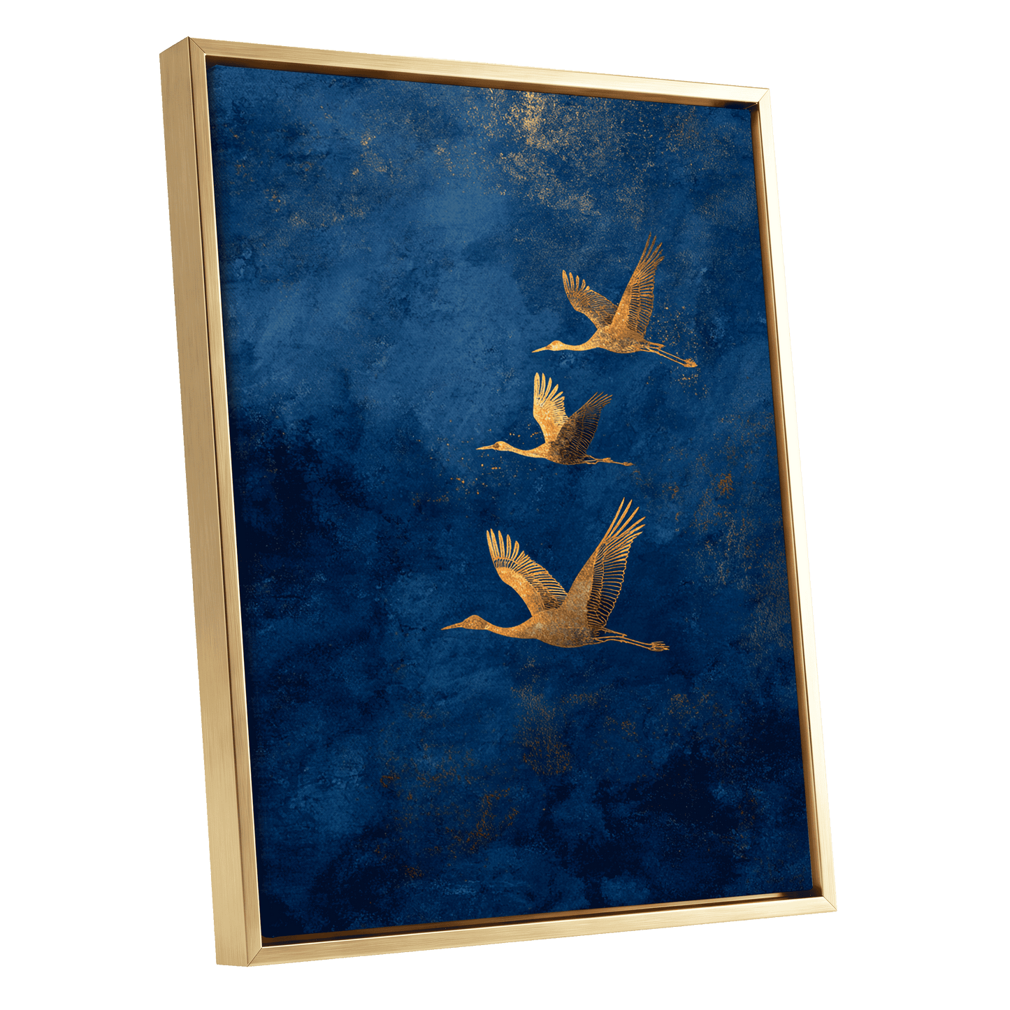 Gilded Flight, blue, gold, orange nature wall art shown as a gold framed canvas wall art