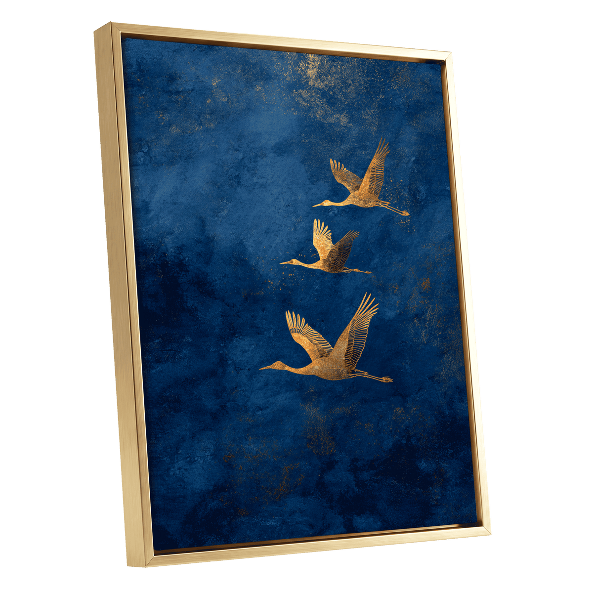 Gilded Flight, blue, gold, orange nature wall art shown as a gold framed canvas wall art