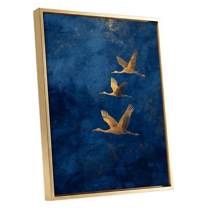 Gilded Flight, blue, gold, orange nature wall art shown as a gold framed canvas wall art