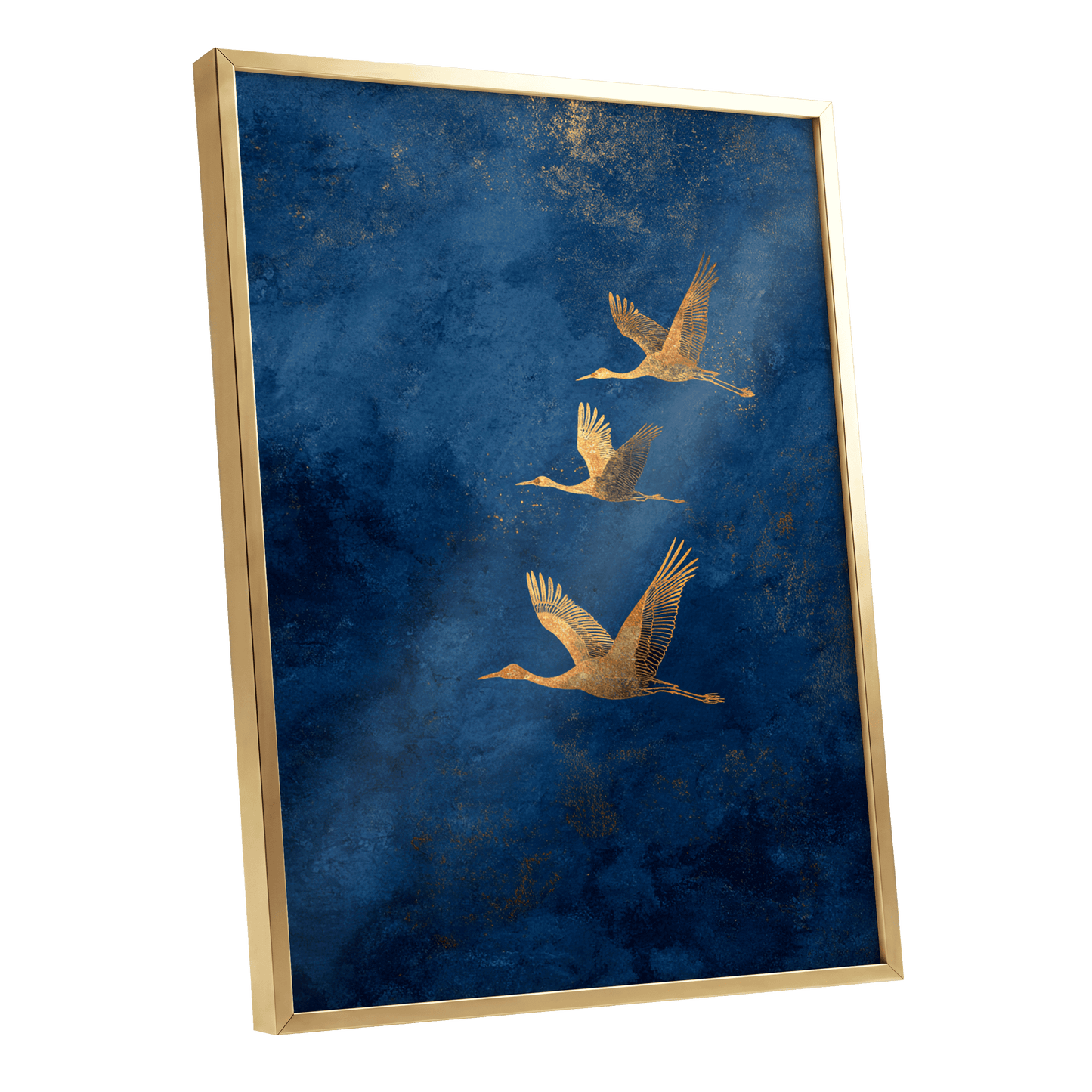 Gilded Flight, blue, gold, orange nature wall art shown as a gold framed poster wall art print