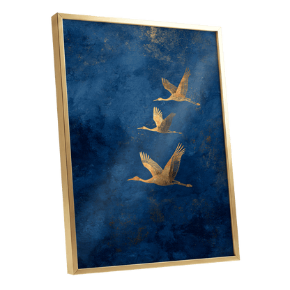 Gilded Flight, blue, gold, orange nature wall art shown as a gold framed poster wall art print