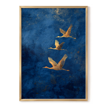 Gilded Flight, blue, gold, orange nature wall art, front artwork view