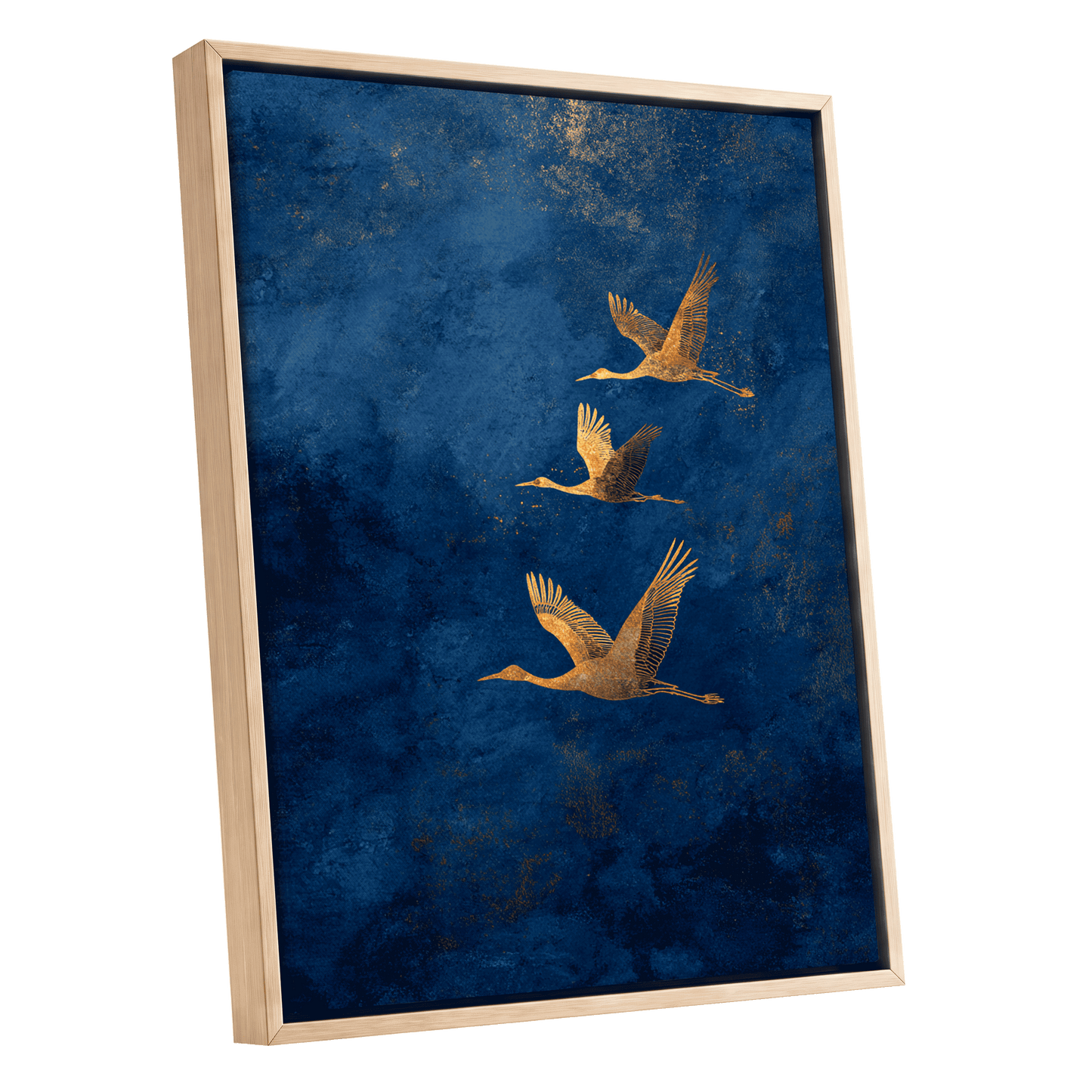 Gilded Flight, blue, gold, orange nature wall art shown as a oak framed canvas wall art