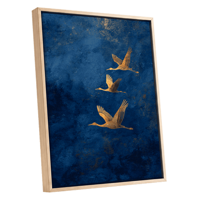 Gilded Flight, blue, gold, orange nature wall art shown as a oak framed canvas wall art