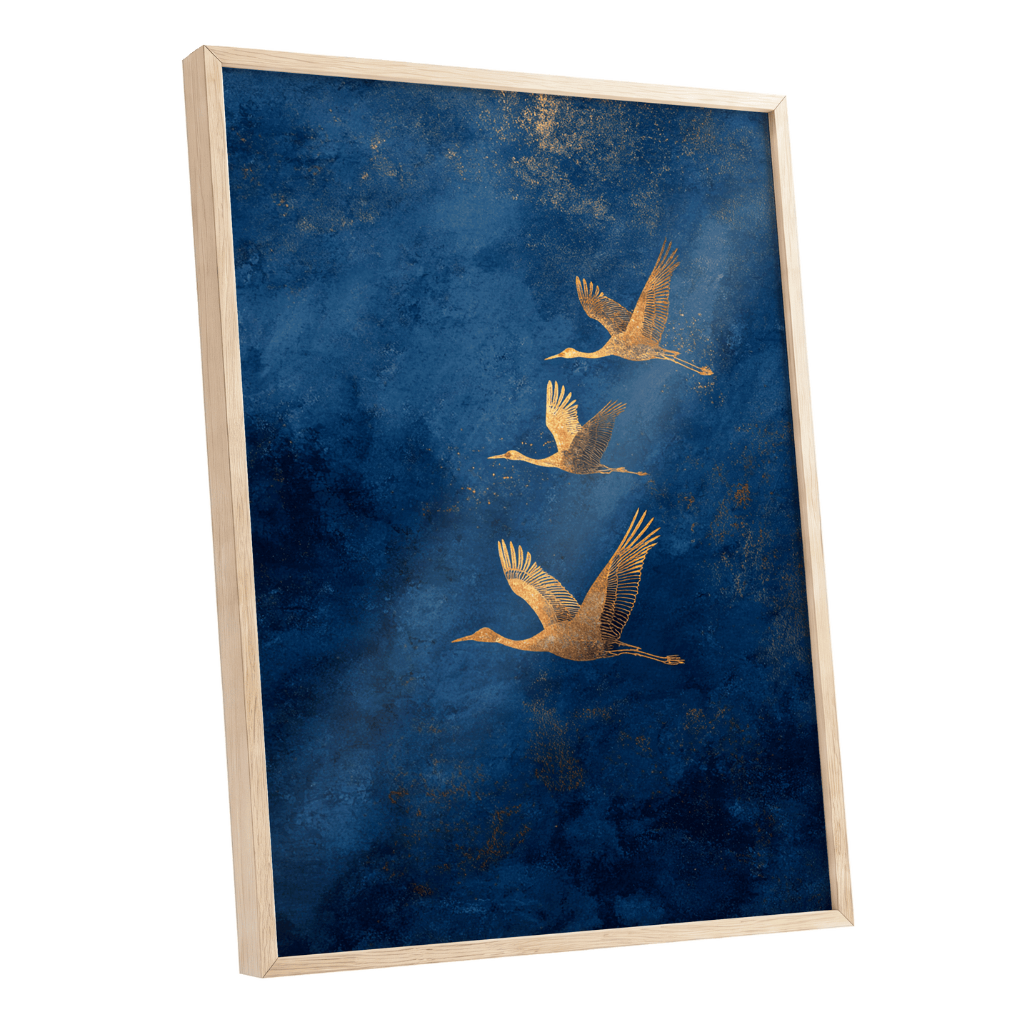 Gilded Flight, blue, gold, orange nature wall art shown as a oak framed poster wall art print