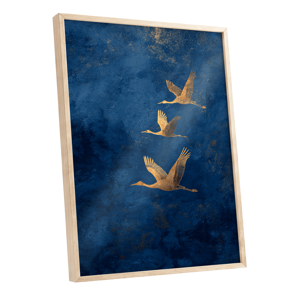 Gilded Flight, blue, gold, orange nature wall art shown as a oak framed poster wall art print