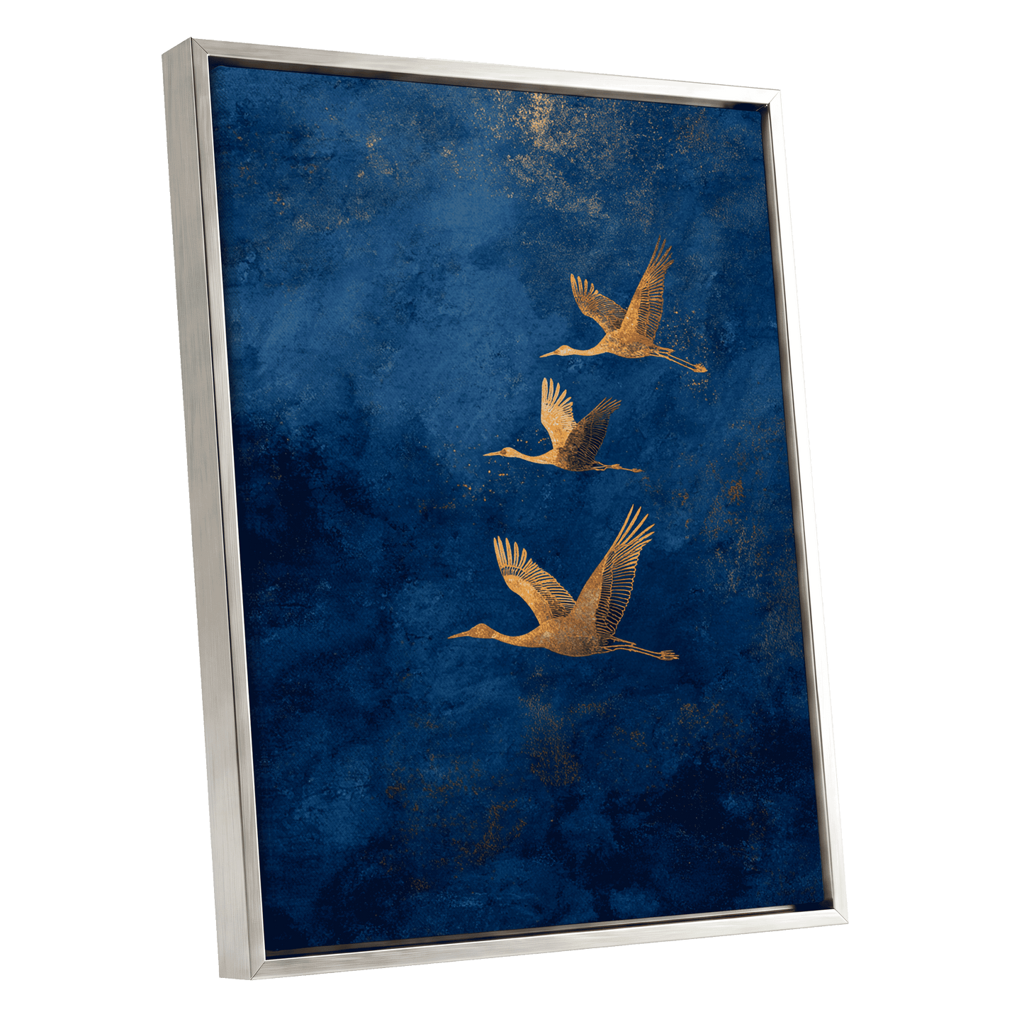 Gilded Flight, blue, gold, orange nature wall art shown as a silver framed canvas wall art