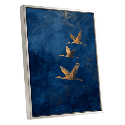 Gilded Flight, blue, gold, orange nature wall art shown as a silver framed canvas wall art