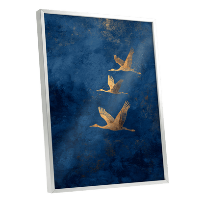 Gilded Flight, blue, gold, orange nature wall art shown as a silver framed poster wall art print