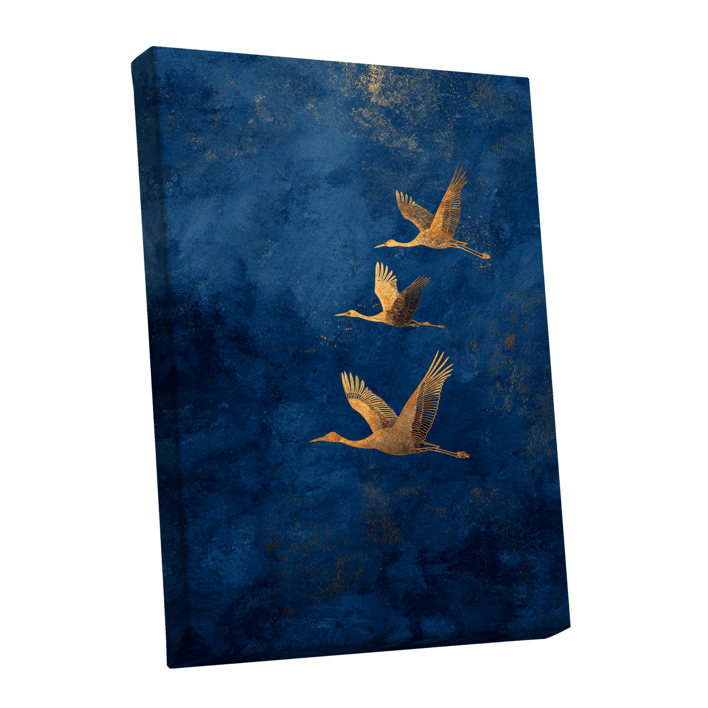 Gilded Flight, blue, gold, orange nature wall art shown as a stretched canvas wall art