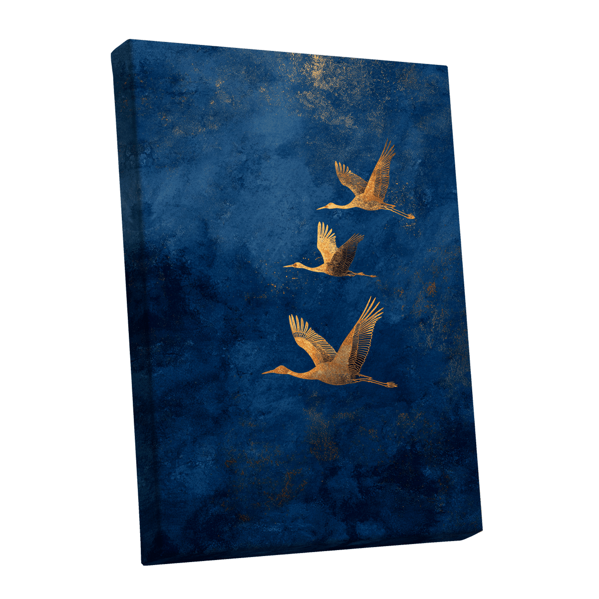Gilded Flight, blue, gold, orange nature wall art shown as a stretched canvas wall art