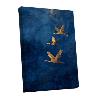 Gilded Flight, blue, gold, orange nature wall art shown as a stretched canvas wall art