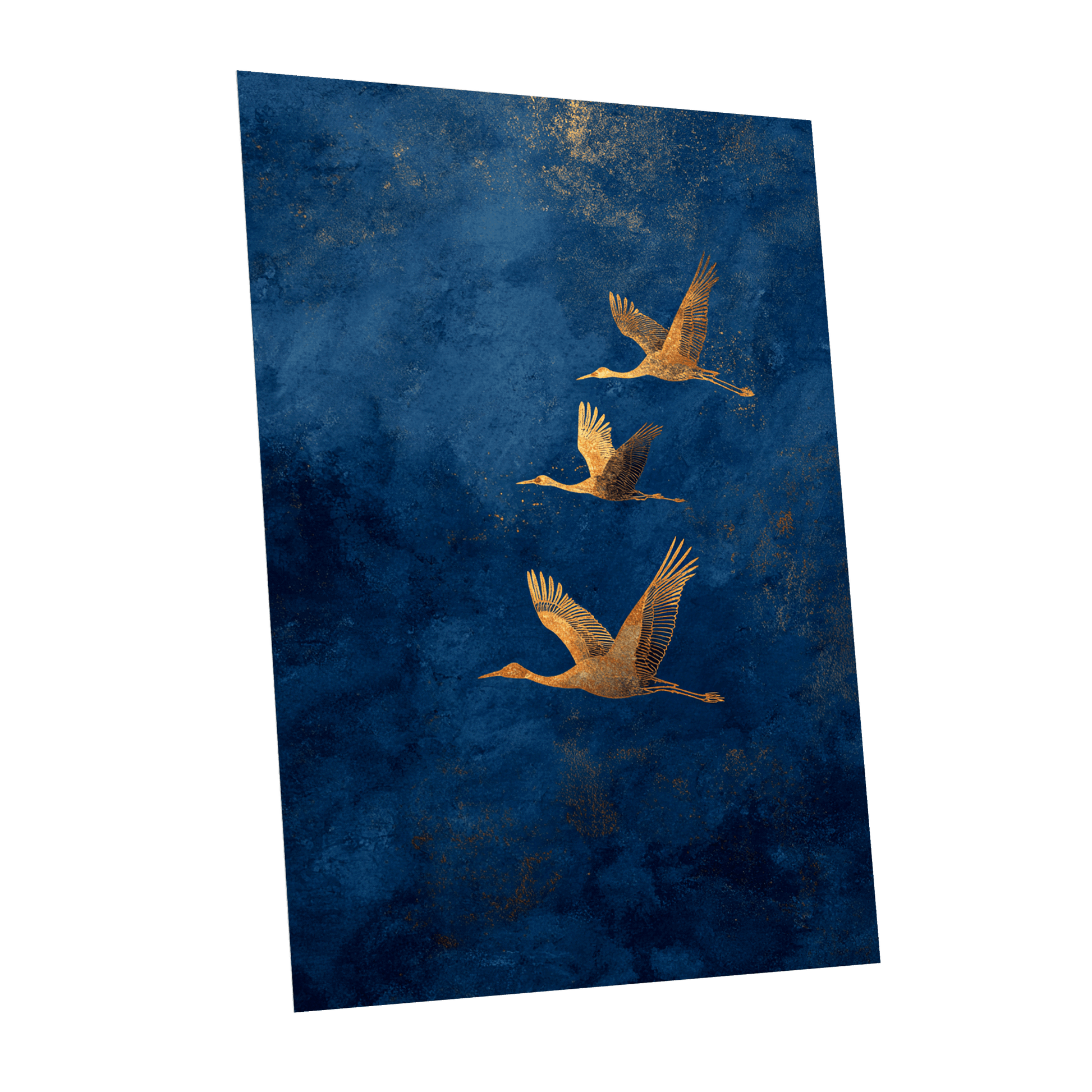 Gilded Flight, blue, gold, orange nature wall art shown as a unframed poster wall art print