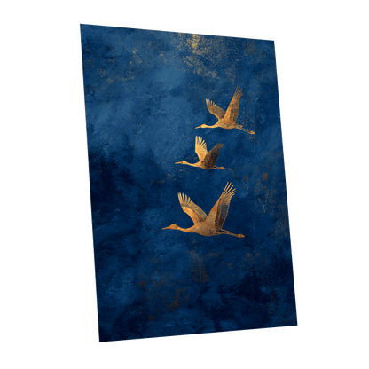 Gilded Flight, blue, gold, orange nature wall art shown as a unframed poster wall art print