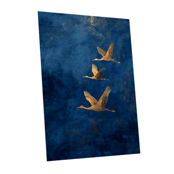 Gilded Flight, blue, gold, orange nature wall art shown as a unframed poster wall art print