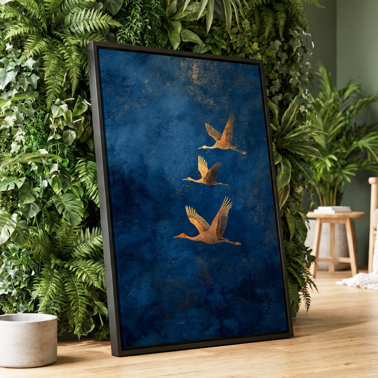Gilded Flight, blue, gold, orange nature wall art displayed in a styled interior, gallery view 1
