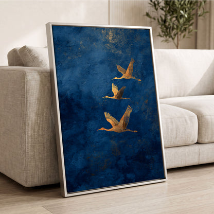 Gilded Flight, blue, gold, orange nature wall art displayed in a styled interior, gallery view 2