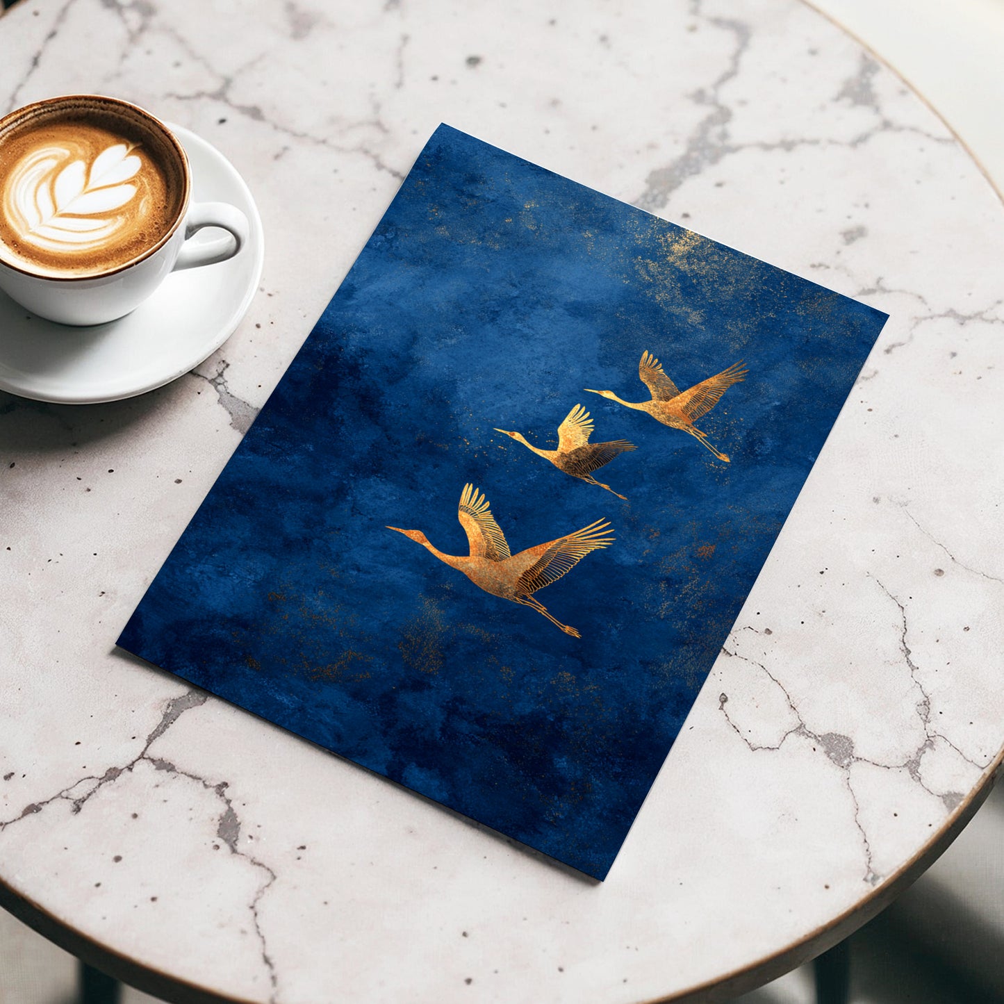 Gilded Flight, blue, gold, orange nature wall art displayed in a styled interior, gallery view 3