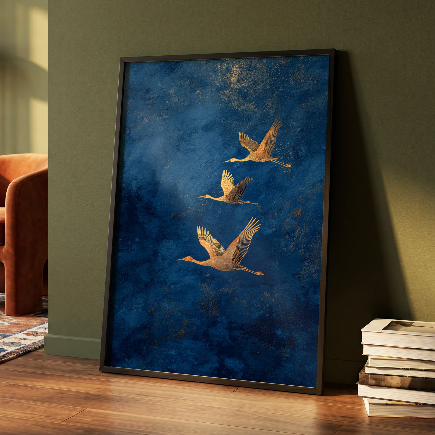 Gilded Flight, blue, gold, orange nature wall art displayed in a styled interior, gallery view 4