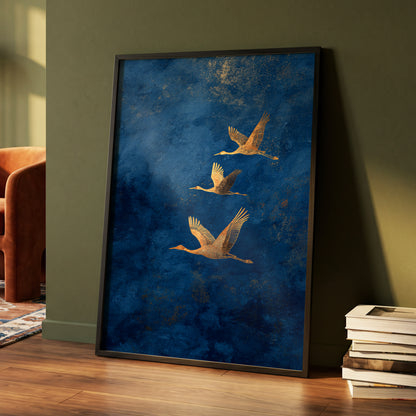 Gilded Flight, blue, gold, orange nature wall art displayed in a styled interior, gallery view 4