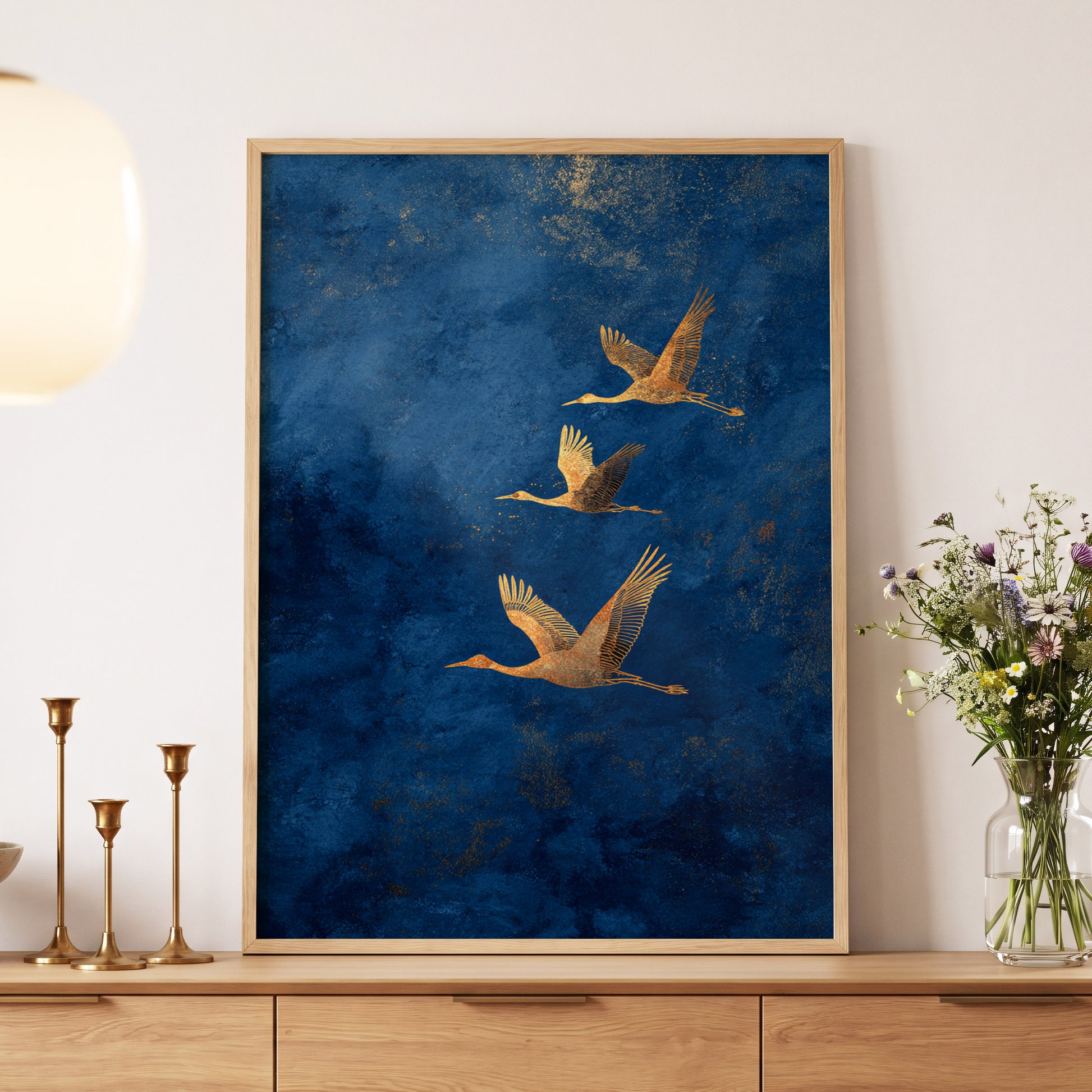 Gilded Flight, blue, gold, orange nature wall art displayed in a styled interior, gallery view 5