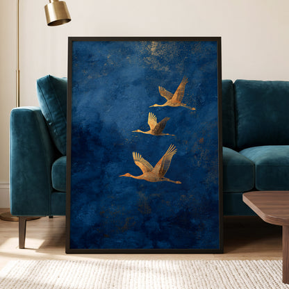 Gilded Flight, blue, gold, orange nature wall art displayed in a styled interior, gallery view 6