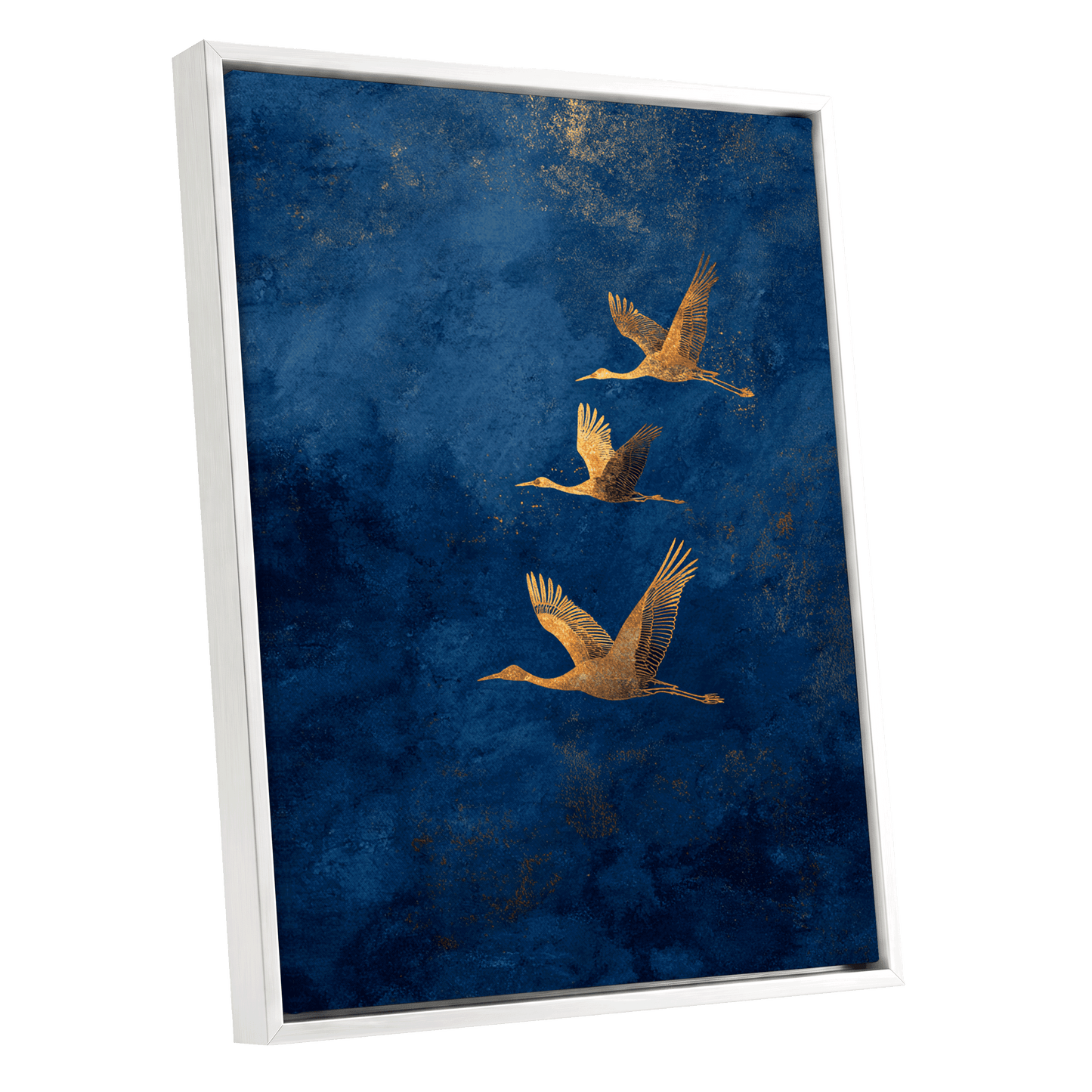 Gilded Flight, blue, gold, orange nature wall art shown as a white framed canvas wall art