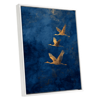 Gilded Flight, blue, gold, orange nature wall art shown as a white framed canvas wall art