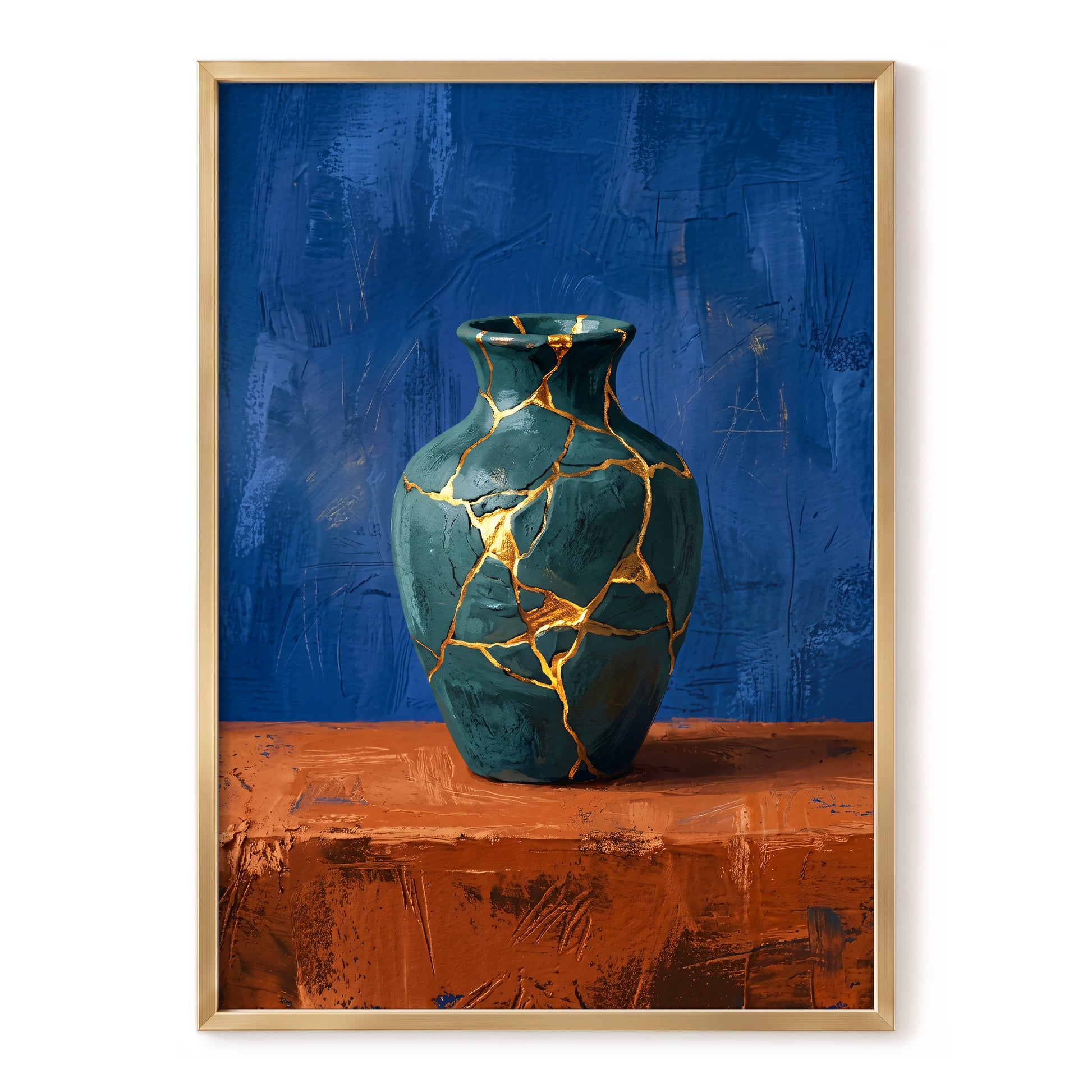 Gilded Fracture, blue, green, orange abstract wall art, front artwork view