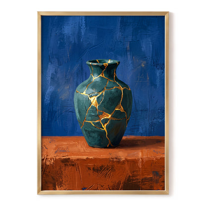 Gilded Fracture, blue, green, orange abstract wall art, front artwork view