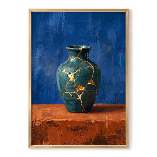 Gilded Fracture, blue, green, orange abstract wall art, front artwork view