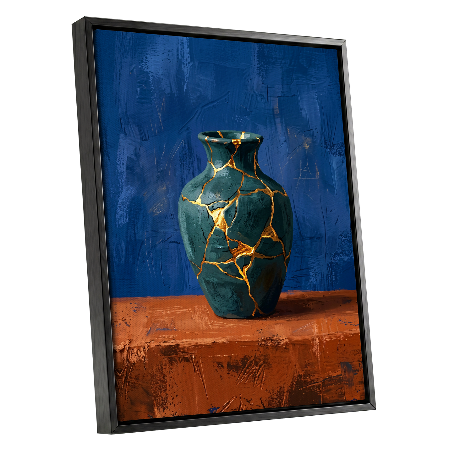 Gilded Fracture, blue, green, orange abstract wall art shown as a black framed canvas wall art
