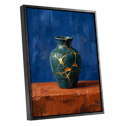 Gilded Fracture, blue, green, orange abstract wall art shown as a black framed canvas wall art
