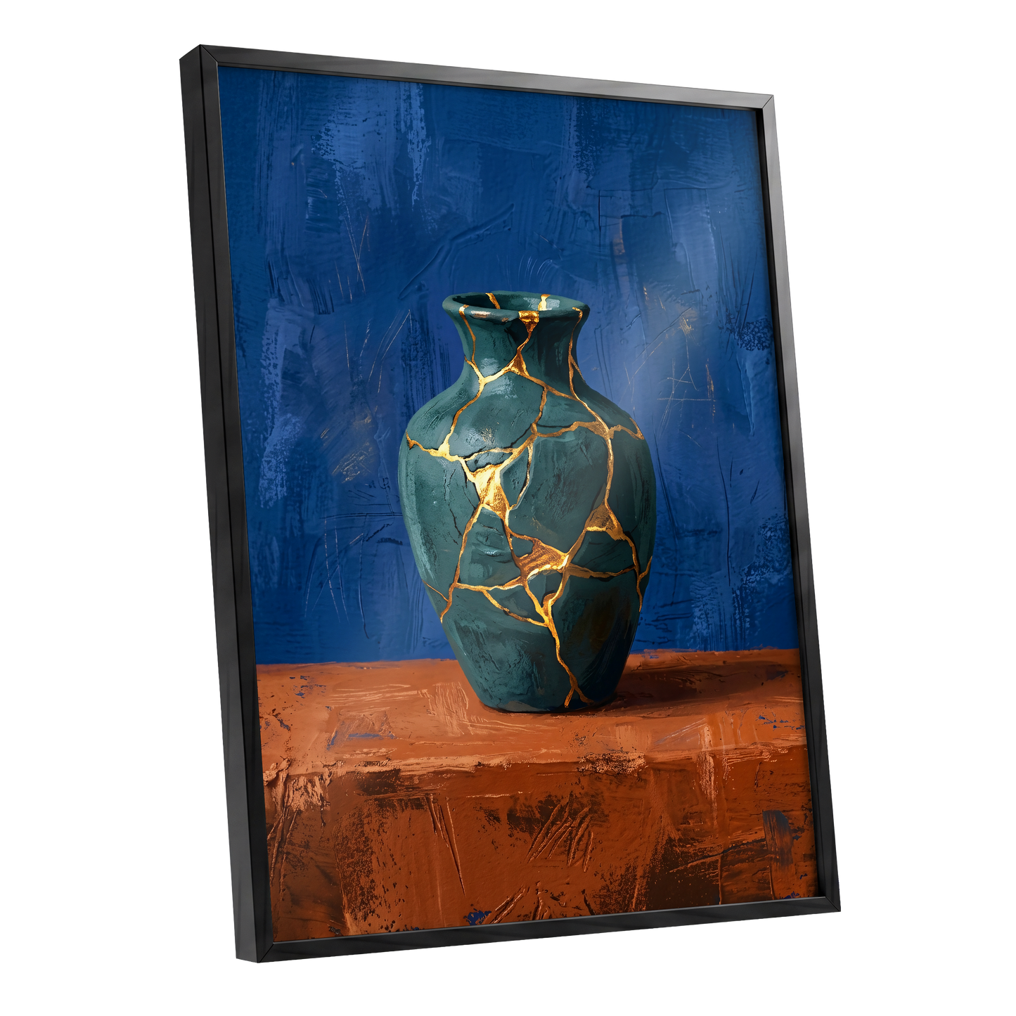 Gilded Fracture, blue, green, orange abstract wall art shown as a black framed poster wall art print
