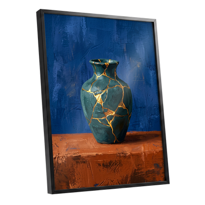 Gilded Fracture, blue, green, orange abstract wall art shown as a black framed poster wall art print