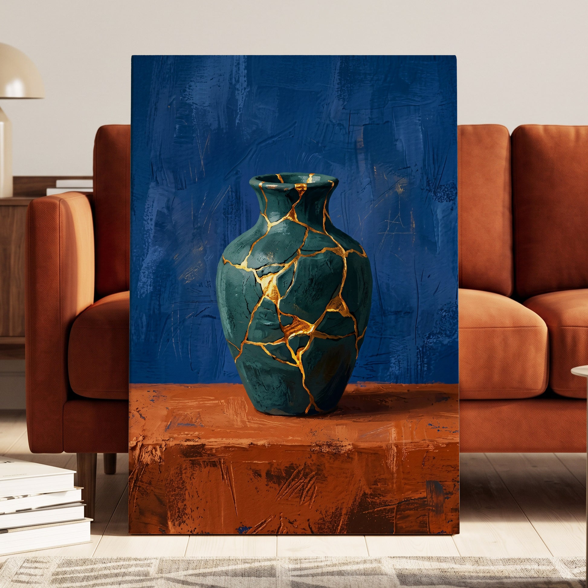 Gilded Fracture, blue, green, orange abstract wall art on canvas displayed in a styled interior, gallery view 1