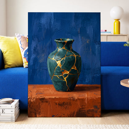 Gilded Fracture, blue, green, orange abstract wall art on canvas displayed in a styled interior, gallery view 2