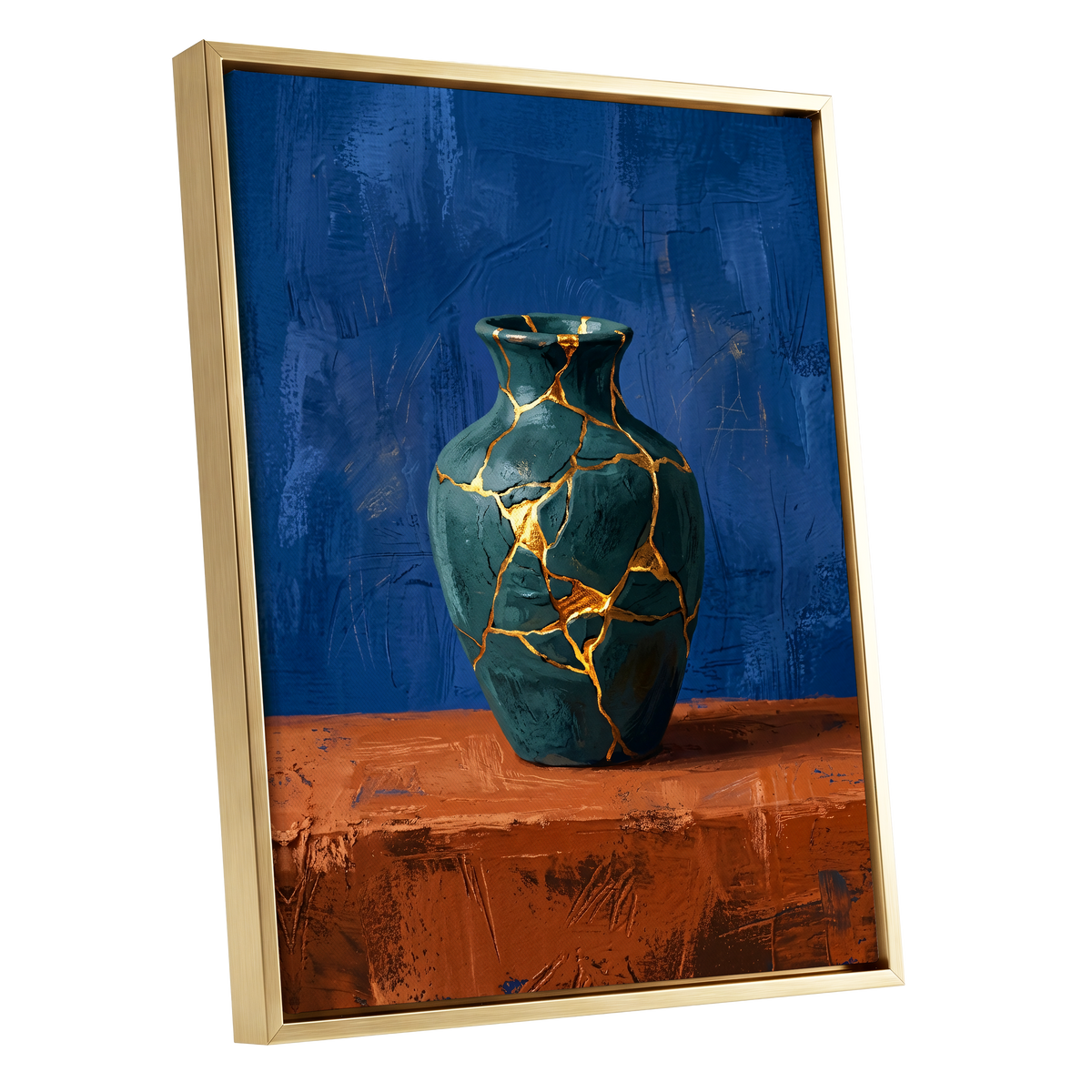 Gilded Fracture, blue, green, orange abstract wall art shown as a gold framed canvas wall art