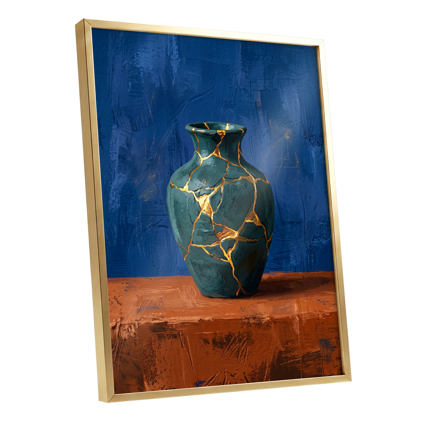 Gilded Fracture, blue, green, orange abstract wall art shown as a gold framed poster wall art print