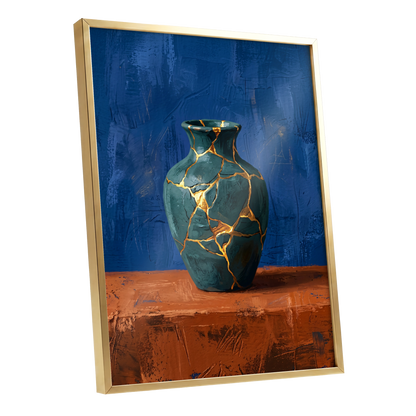 Gilded Fracture, blue, green, orange abstract wall art shown as a gold framed poster wall art print