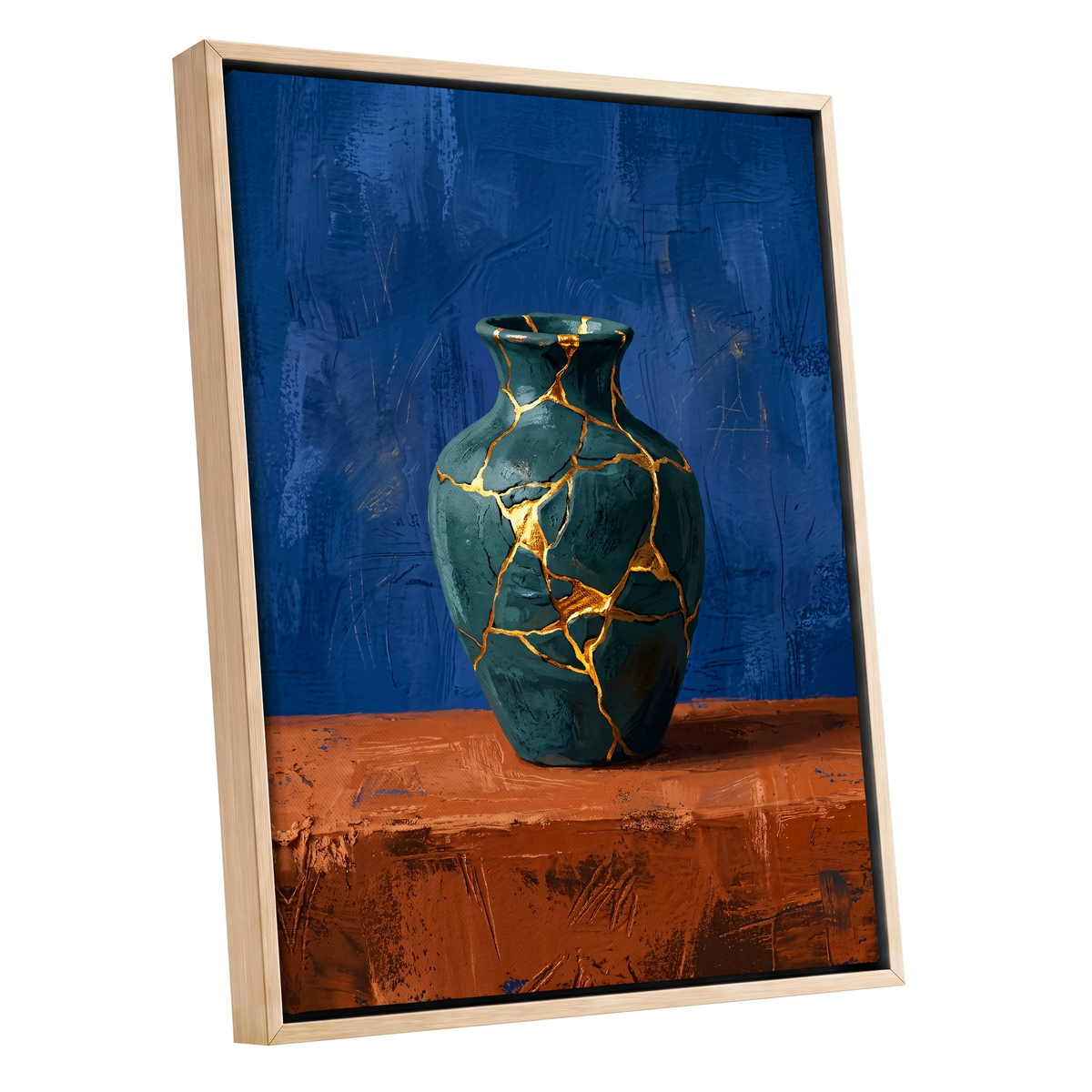 Gilded Fracture, blue, green, orange abstract wall art shown as a oak framed canvas wall art