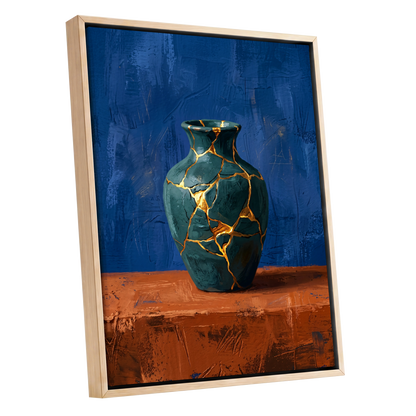 Gilded Fracture, blue, green, orange abstract wall art shown as a oak framed canvas wall art
