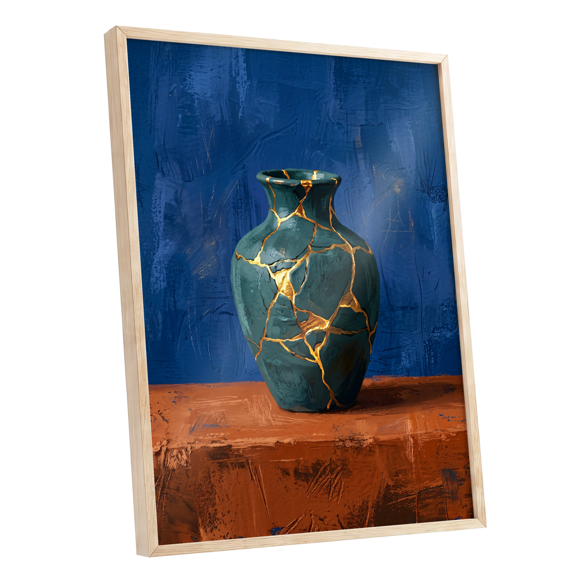 Gilded Fracture, blue, green, orange abstract wall art shown as a oak framed poster wall art print