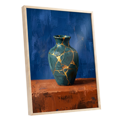 Gilded Fracture, blue, green, orange abstract wall art shown as a oak framed poster wall art print