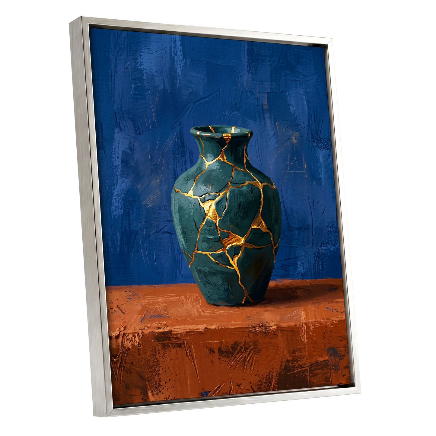 Gilded Fracture, blue, green, orange abstract wall art shown as a silver framed canvas wall art