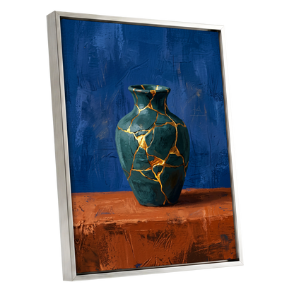 Gilded Fracture, blue, green, orange abstract wall art shown as a silver framed canvas wall art