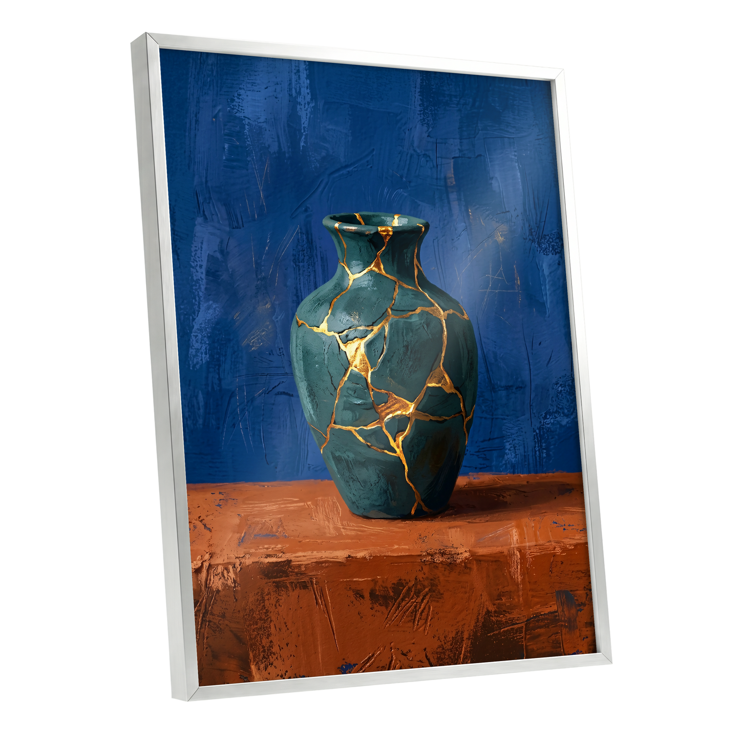 Gilded Fracture, blue, green, orange abstract wall art shown as a silver framed poster wall art print